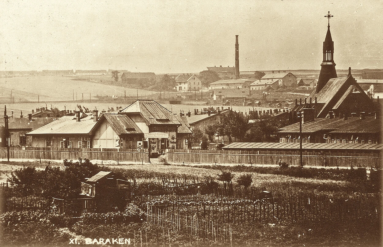 Wohnort der Beschuldigten: Hasenleitengasse 8. Die Menschen, die in der Hasenleitensiedlung wohnten, wurden durch einen Zaun vom Rest der Bevölkerung abgegrenzt. Foto, 1930er Jahre, Bezirksmuseum Simmering