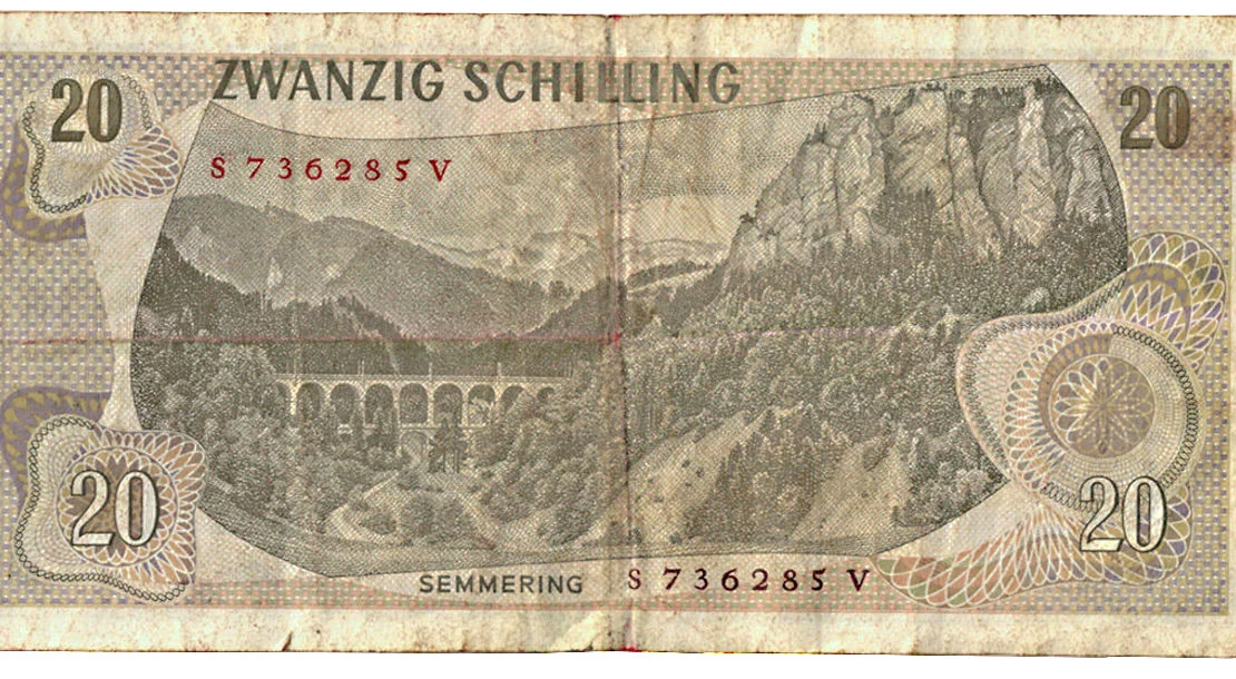 Rückseite des 20-Schilling-Scheins (eingeführt 1967) mit dem berühmten Viadukt der Semmeringbahn über die „Kalte Rinne“, Design: Roman Hellmann, Wien Museum  