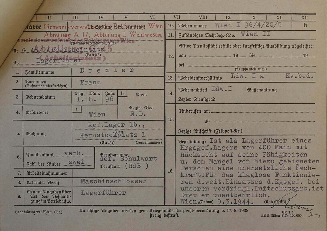 Unabkömmlichstellungs-Anträge der städtischen Lagerführer wie jener von Franz Drexler blieben nur sehr selten erhalten. Quelle: WStLA
