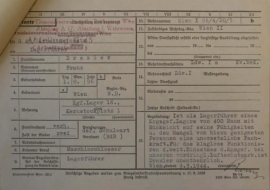 Unabkömmlichstellungs-Anträge der städtischen Lagerführer wie jener von Franz Drexler blieben nur sehr selten erhalten. Quelle: WStLA  
