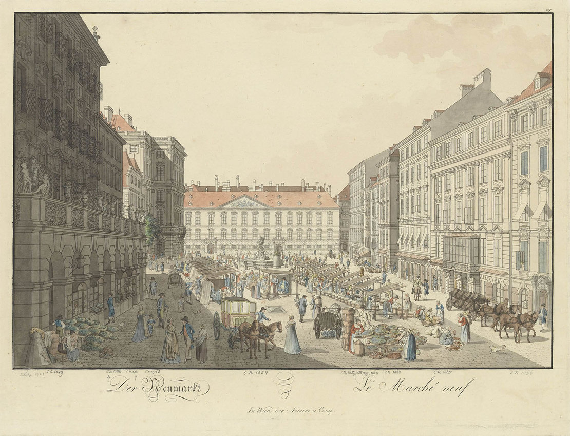 Der Neue Markt (Mehlmarkt) mit dem Palais Schwarzenberg auf einem kolorierten Kupferstich von Carl Schütz, 1798, Wien Museum Inv.-Nr. 14491 