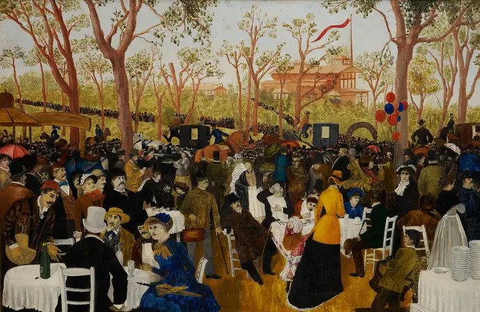 Unbekannt: Praterszene vor dem Restaurant Sacher am Konstantinhügel, 1887, Öl auf Leinwand, Wien Museum, Inv.-Nr. 95835