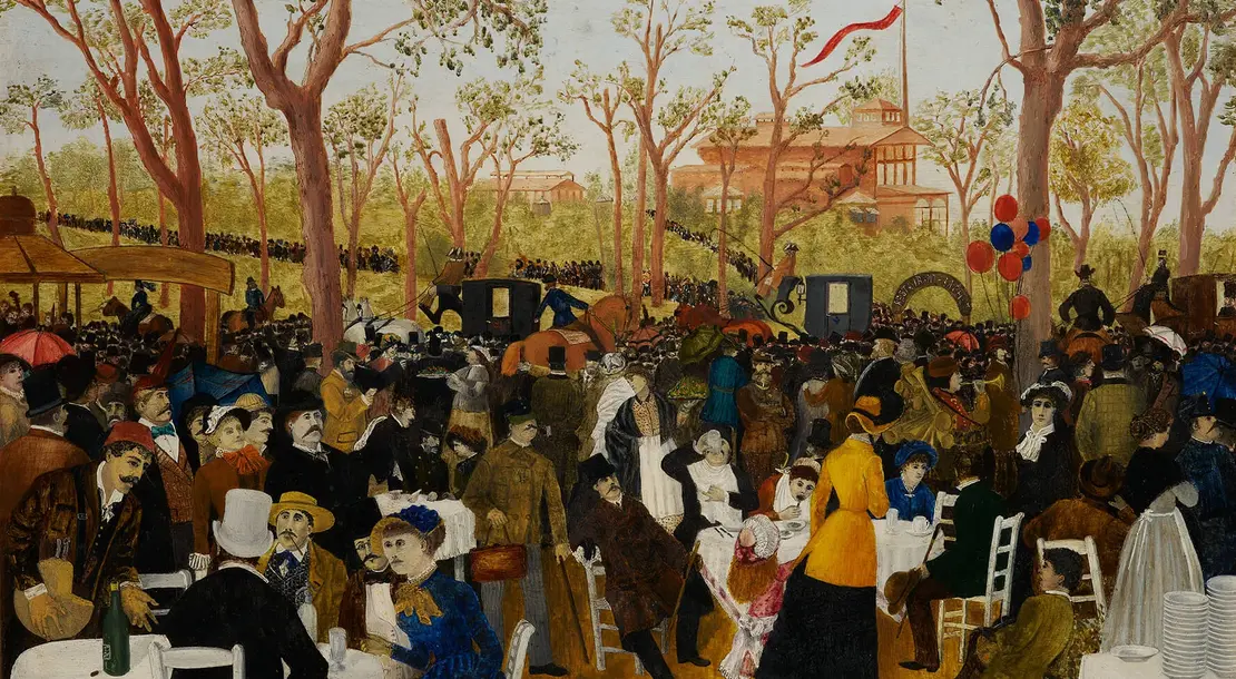 Unbekannt: Praterszene vor dem Restaurant Sacher am Konstantinhügel, 1887, Öl auf Leinwand, Wien Museum, Inv.-Nr. 95835  