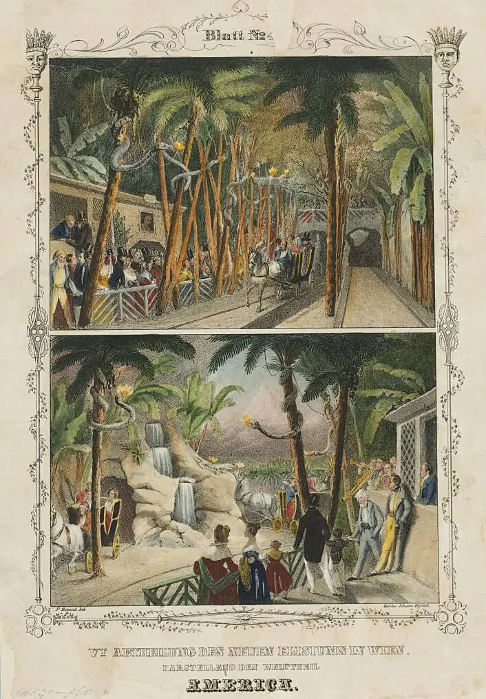 Franz Heinrich: Das neue Elisium in Wien, kolorierte Lithografie, um 1840, Wien Museum  