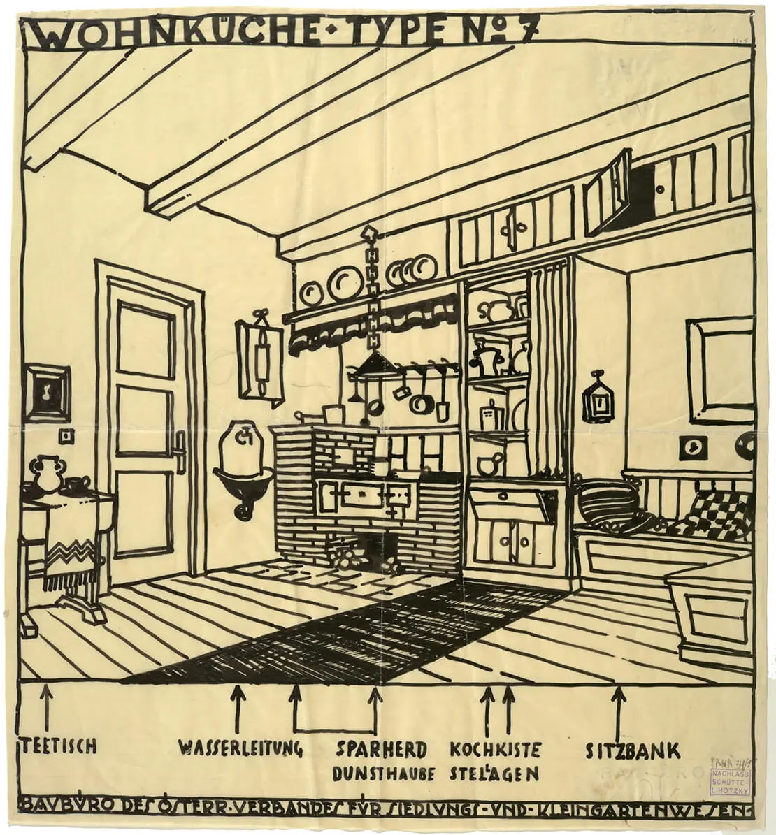 Magarete Schütte-Lihotzky, Kernhaus Type 7, Wohnküche, 1923; Tusche auf Detailpapier, Reproduktion Robert Newald © Universität für angewandte Kunst Wien, Kunstsammlung und Archiv, Nachlass Magarete Schütte-Lihotzky, Inv.Nr 34/11   