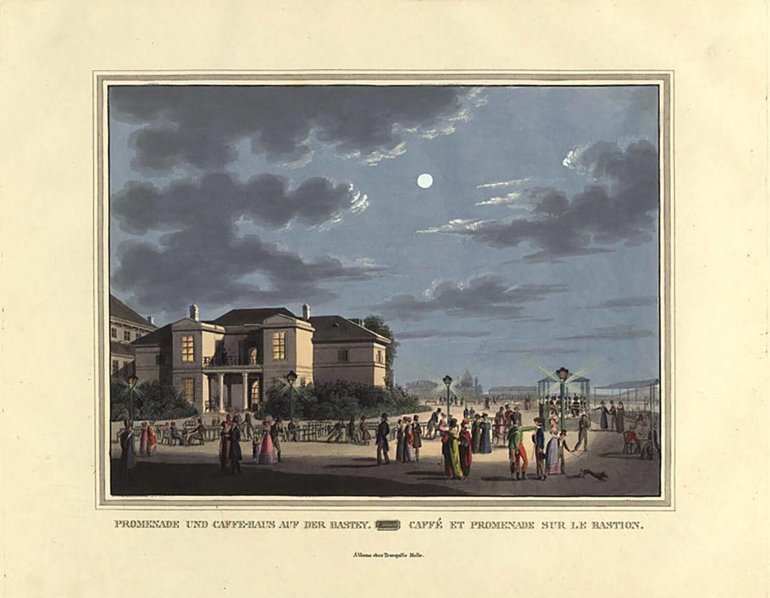 „Promenade und Caffe-Haus auf der Bastey / Caffé et Promenade sur le Bastion“ (mit dem Paradeisgartl), Kupferstich, um 1825, Wien Museum 