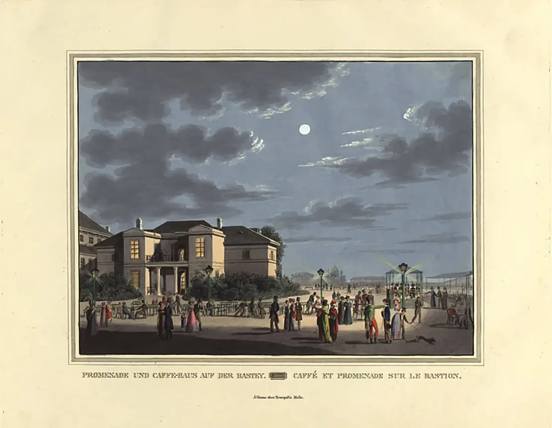 „Promenade und Caffe-Haus auf der Bastey / Caffé et Promenade sur le Bastion“ (mit dem Paradeisgartl), Kupferstich, um 1825, Wien Museum   