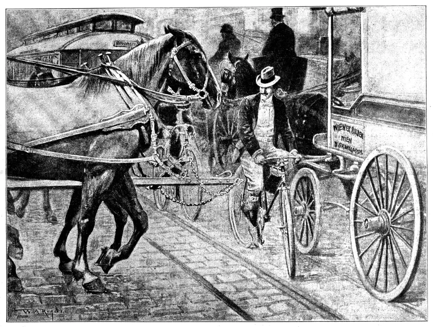 Zeitungsillustration „‘Eingezwickt‘. Ein Straßenbild aus dem Radfahrerleben in Wien“, in: Wiener Bilder, 1897, Nr. 43, S. 5   