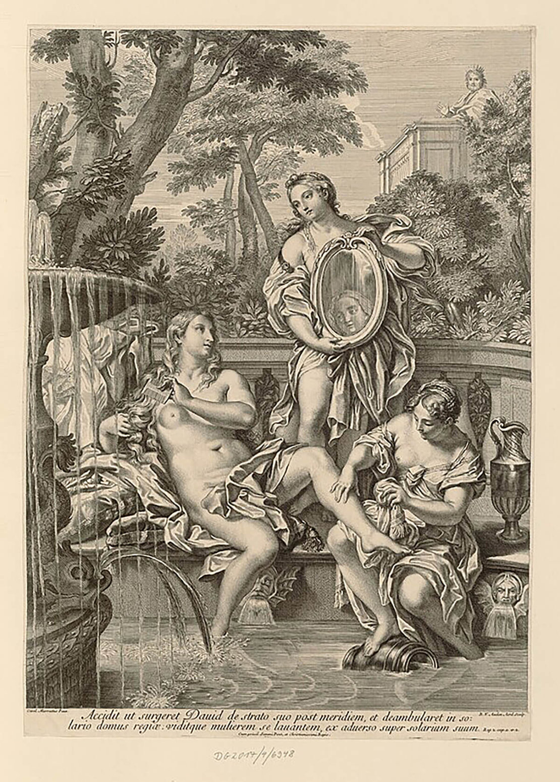 „Bathseba im Bade“ als (seitenverkehrter) Kupferstich von Robert van Audenaerde nach Carlo Maratta, 1683-1743, Albertina Online Sammlung 