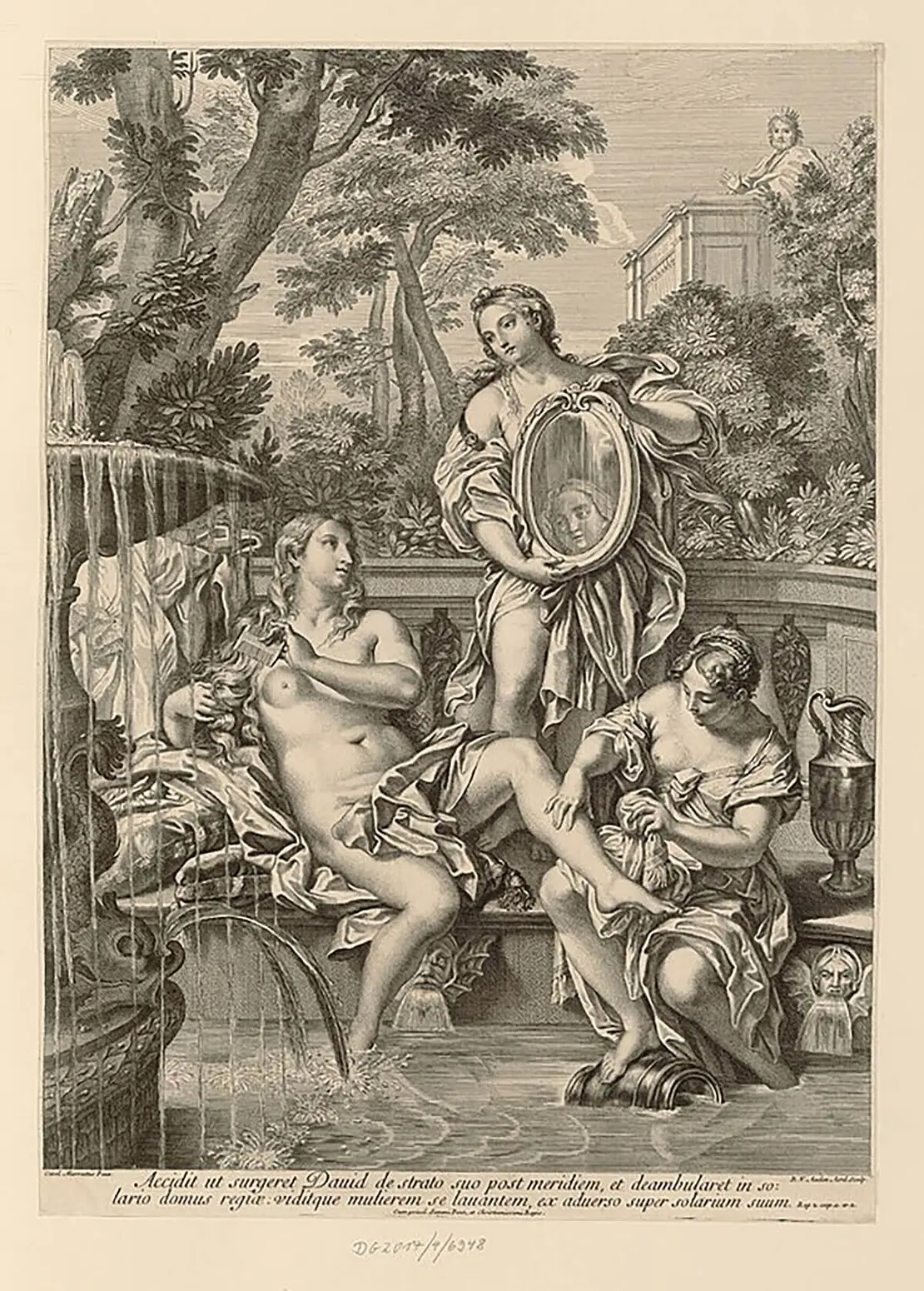 „Bathseba im Bade“ als (seitenverkehrter) Kupferstich von Robert van Audenaerde nach Carlo Maratta, 1683-1743, Albertina Online Sammlung