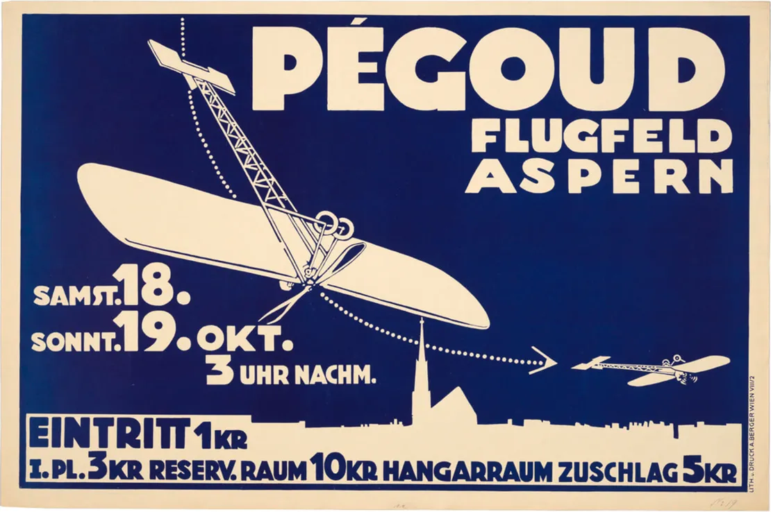 Plakat zum Schaufliegen von Adolphe Pégoud am 18. und 19. Oktober 1913, Flugfeld Aspern, Wien Museum, Inv.-Nr. 129117/1