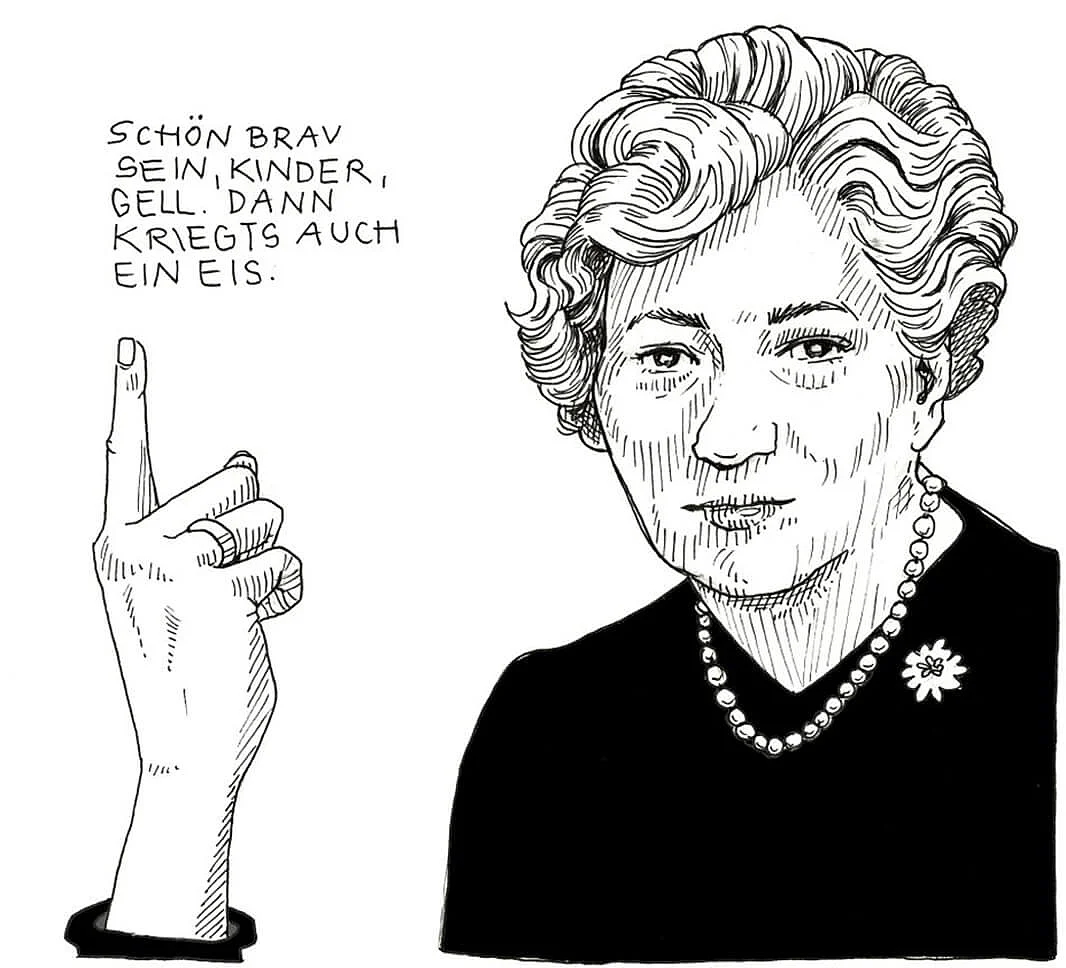 War 1976 die maßgebliche Verhandlerin mit den Besetzer:innen. Kulturstadträtin Getrude Fröhlich-Sandner. Illustration: Lukrezia, www.lukrezia.org