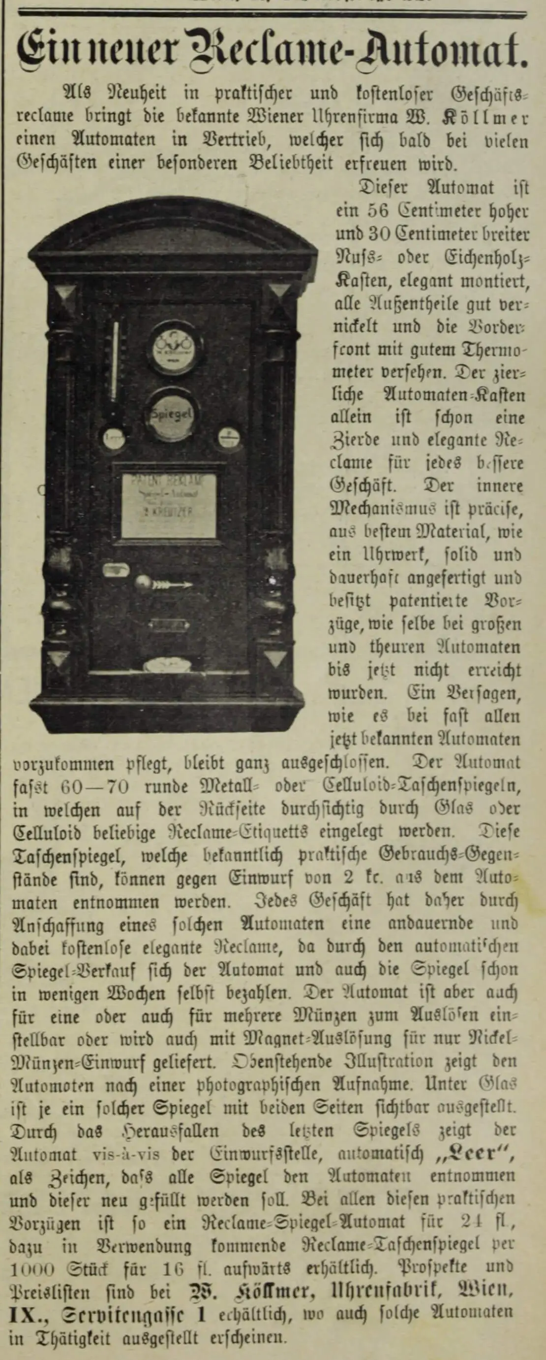 Ein neuer Reclame-Automat (für Taschenspiegel), in: Das interessante Blatt, 9.2.1899, S. 11. ÖNB/Anno