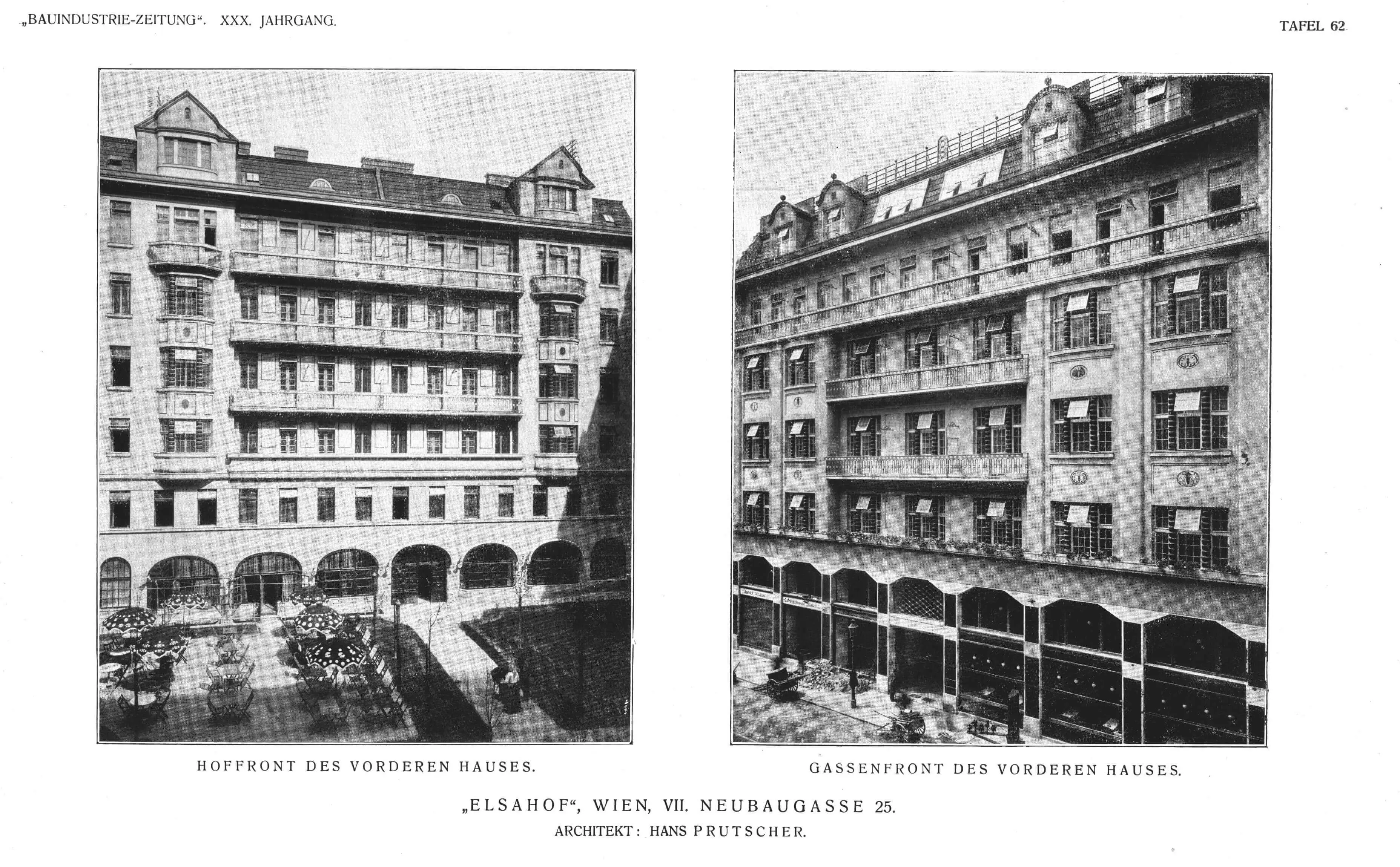 7., Neubaugasse 25, "Elsa-Hof" (Hans Prutscher), Straßen- und Hofseite, Quelle: Anno/ÖNB