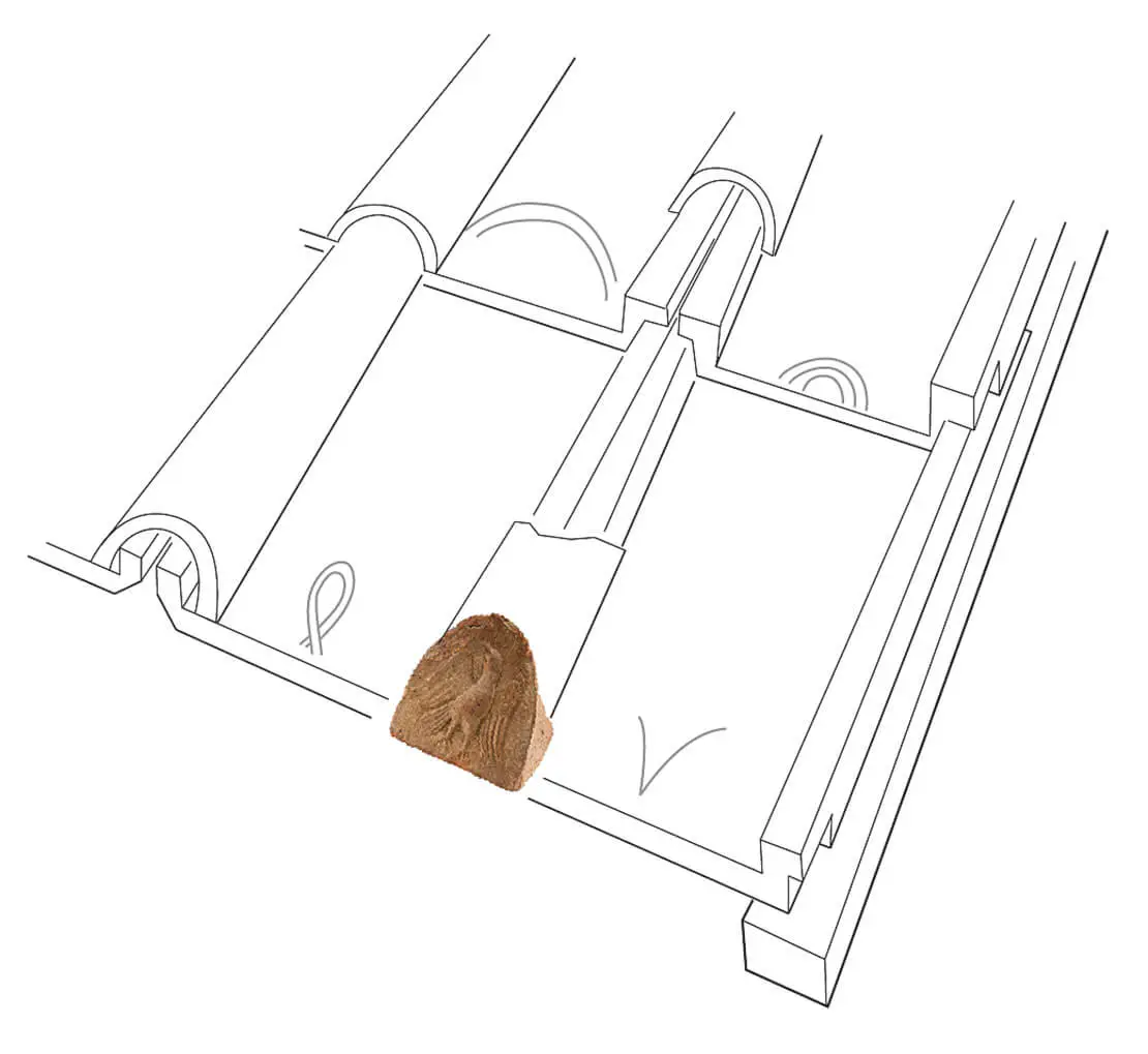 Bei den Antefixen handelte es sich um Abdeckungen am Dachrand von Gebäuden für die unterste Reihe der imbrices (Deckziegel am Dach). Visualisierung: Gertrud Mittermüller/Stadtarchäologie Wien