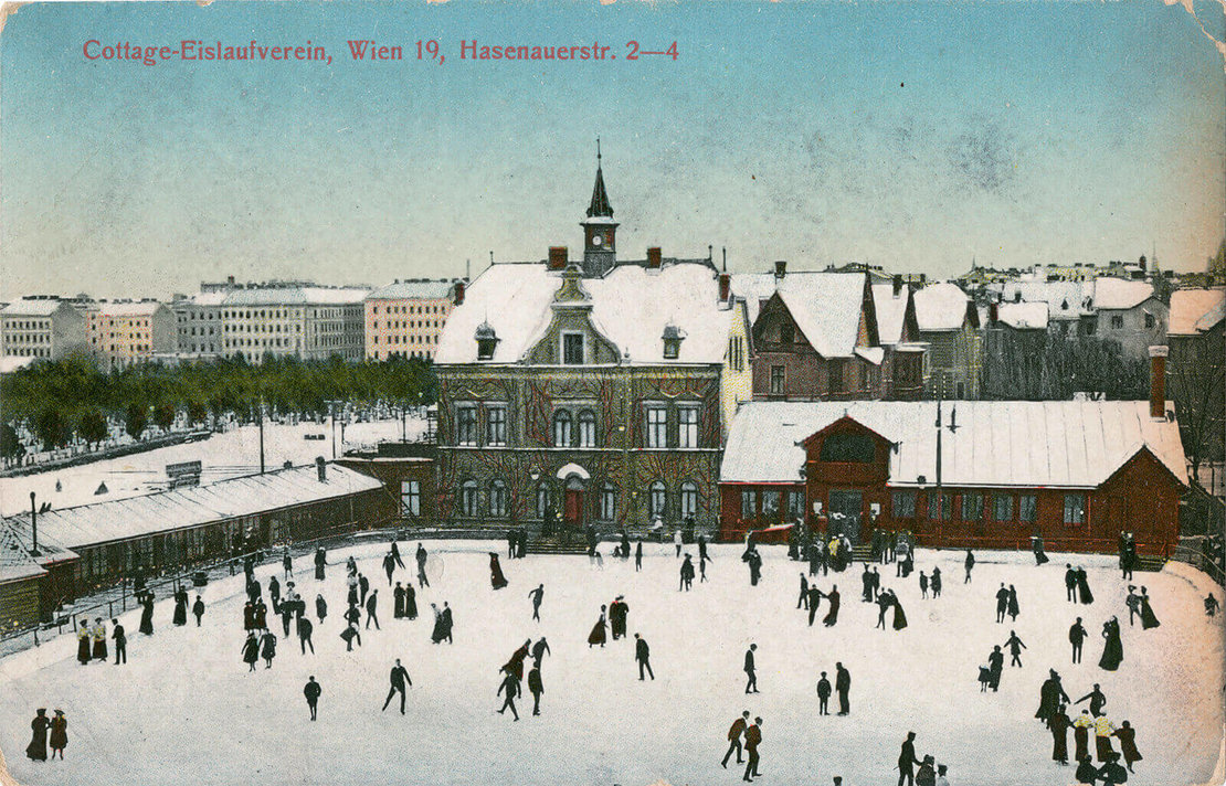 Eislaufplatz des Cottage-Eislaufvereins an der Ecke Gymnasiumstraße/Hasenauerstraße, Farblithographie, um 1905, Austrian Archives/brandstaetter images/picturedesk.com 