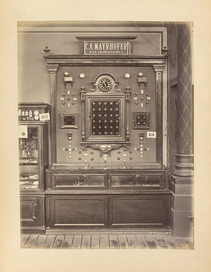 Telegraphen-Apparate von C. A. Mayrhofer bei der Wiener Weltausstellung 1873, Foto: Michael Frankenstein/Wiener Photographen-Association, Wien Museum
