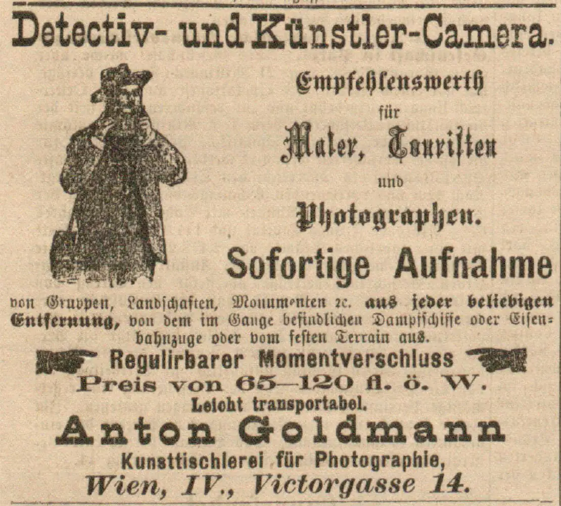 Werbung für eine Kamera der Marke Goldmann im Wiener Montags-Journal, 20. Juni, 1887, ÖNB / Anno  