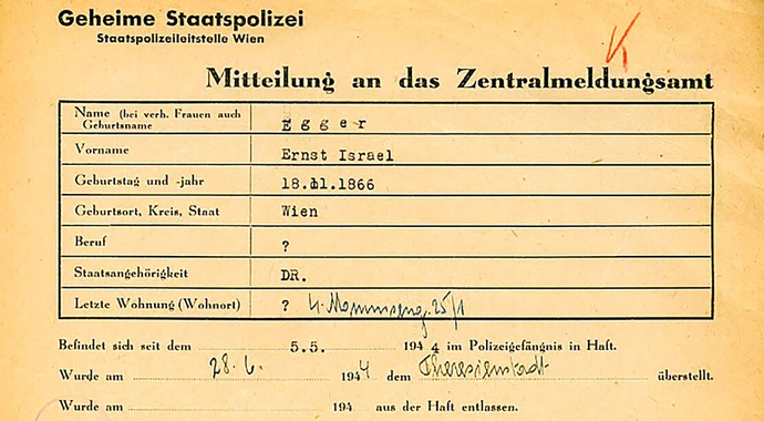 Mitteilung der Gestapo an das Zentralmeldungsamt vom 6. Mai 1944, Wiener Stadt- und Landesarchiv