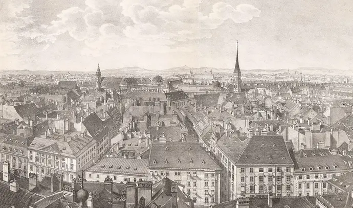 Panorama von Wien gegen Süden von der Peterskirche aus, rechts der Mitte der Turm der Michaelerkirche, Lithographie nach Jakob von Alt, um 1830, Wien Museum, Inv.-Nr. 239978/1