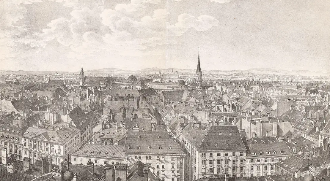 Panorama von Wien gegen Süden von der Peterskirche aus, rechts der Mitte der Turm der Michaelerkirche, Lithographie nach Jakob von Alt, um 1830, Wien Museum, Inv.-Nr. 239978/1  