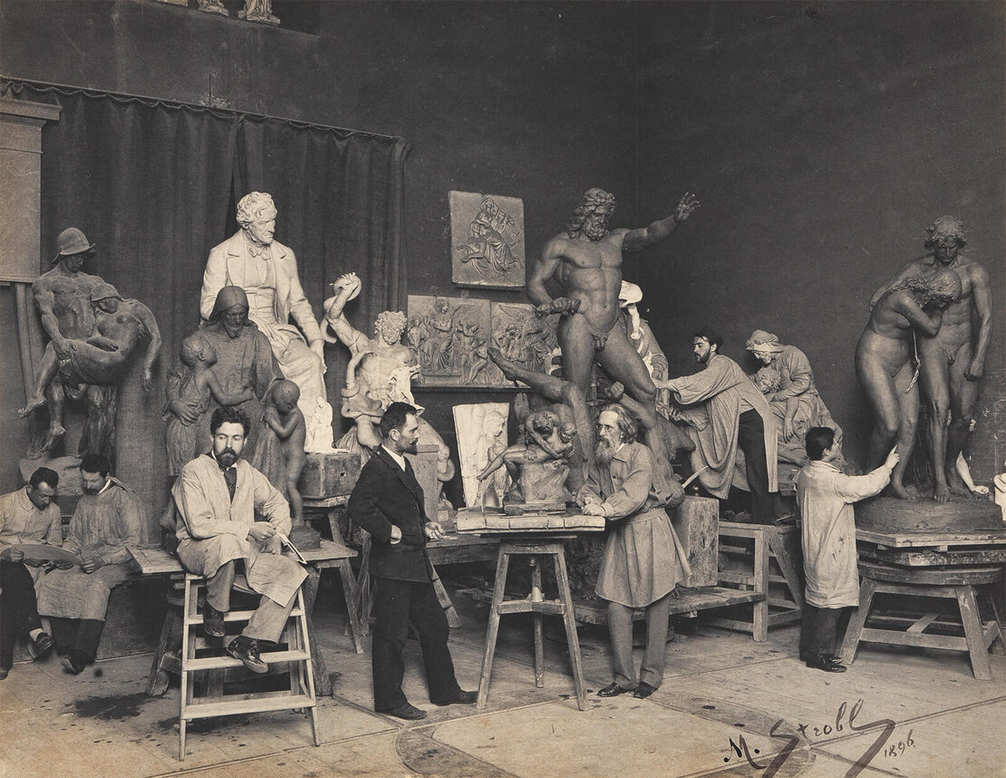 Carl Kundmann mit Schülern in seinem Atelier am Landstraßer Gürtel Nr. 3, 1896, Wien Museum