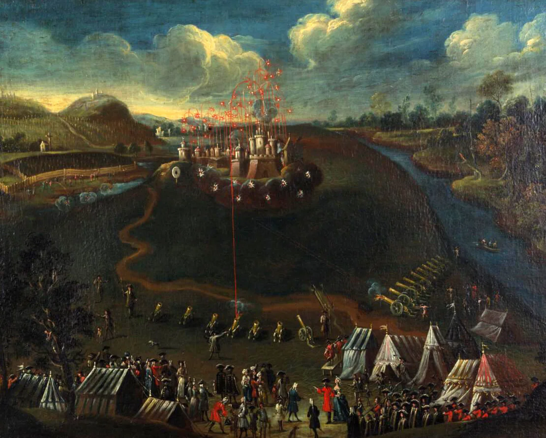Artillerieschießübung mit Feuerwerk, anonymes Ölgemälde, 1732, Wien Museum  