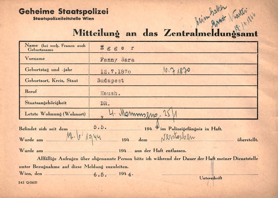Meldezettel Fanny Egger, Wiener Stadt- und Landesarchiv  