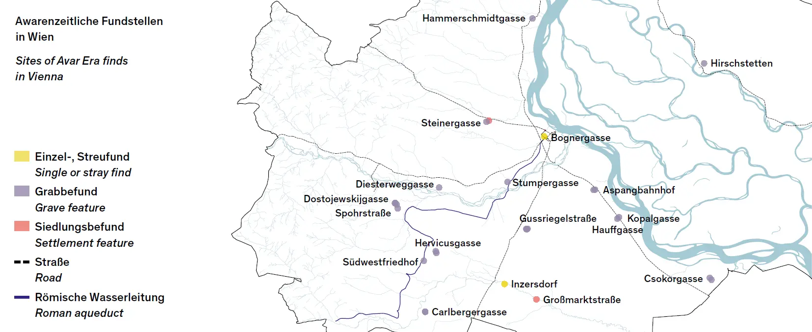 Karte mit Standorten awarenzeitlicher Fundstätten in Wien, Karte: Martin Mosser, Grafik: Larissa Cerny, Martin Embacher  