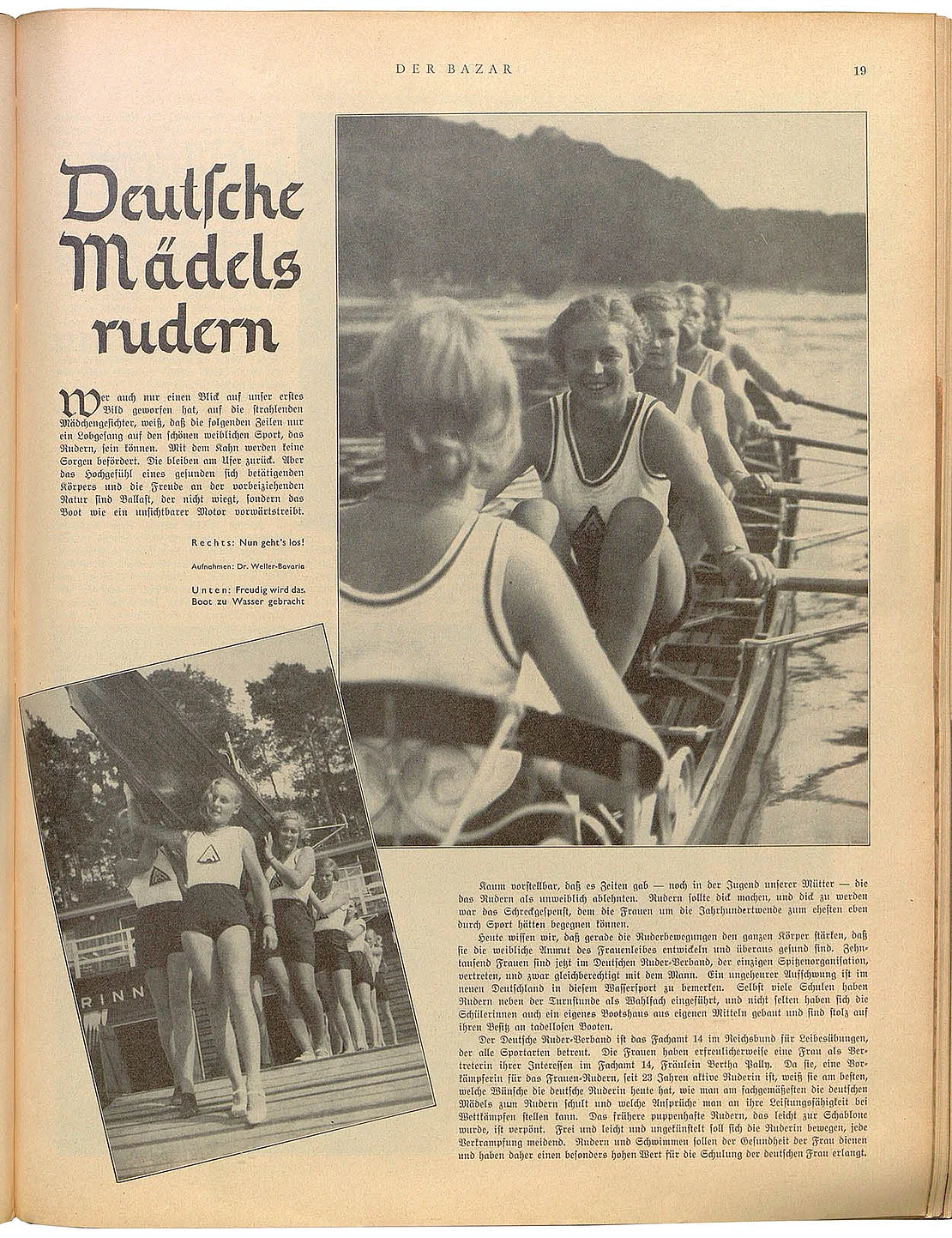 Bericht über Damenrudern während der NS-Zeit im deutschen Magazin Der Bazar, 1. August 1935, S. 19, ANNO / ÖNB  