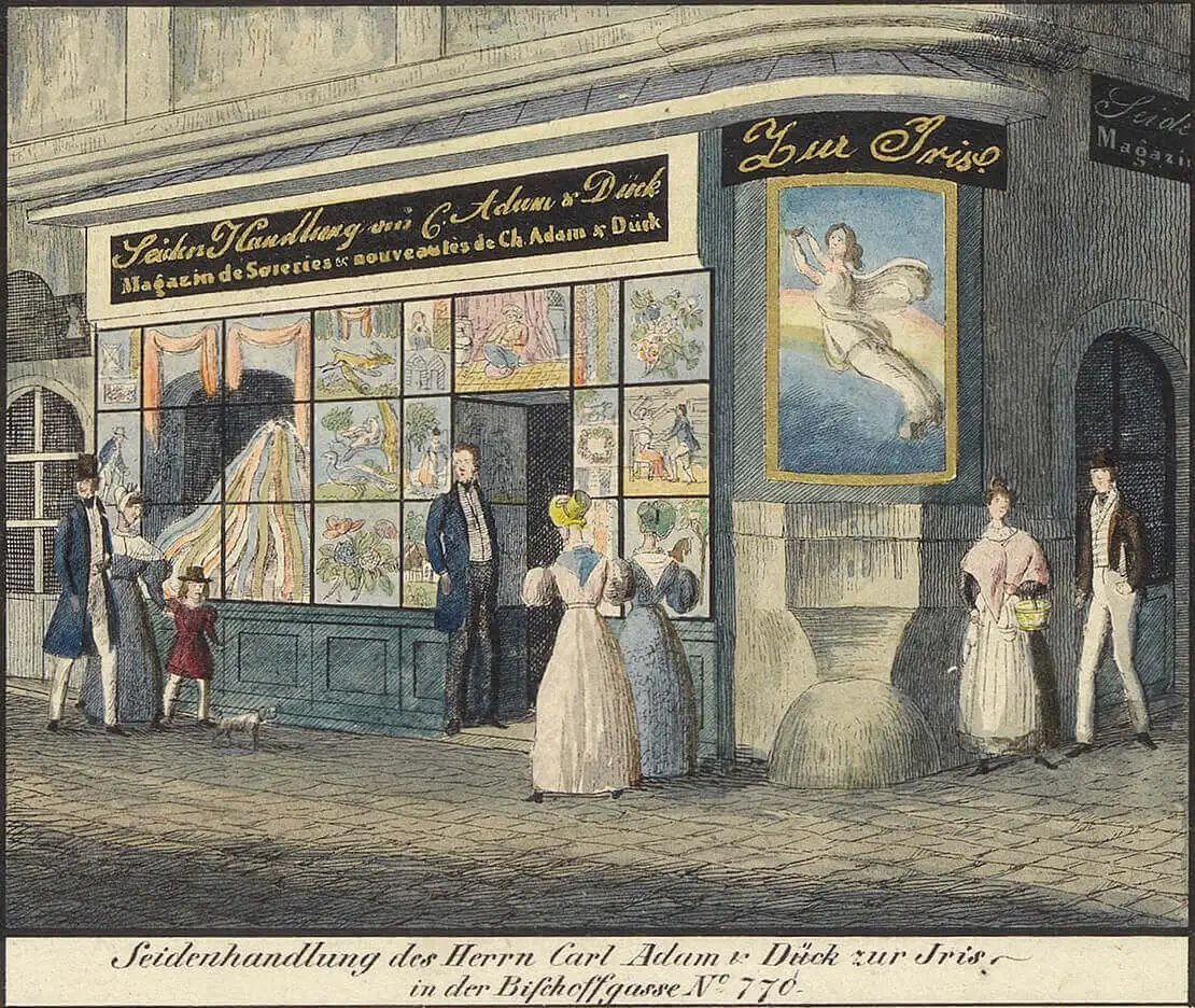 Seidenhandlung des Herrn Carl Adam v. Dück zur Iris in der Bischoffgasse No 770, aus: Situations-Plan der k. k. Haupt-und Residenzstadt Wien nebst den Ansichten von den Gewölbern der vorzüglicheren Handelsleuten, von Carl Graf Vasquez, um 1835, Wien Museum.