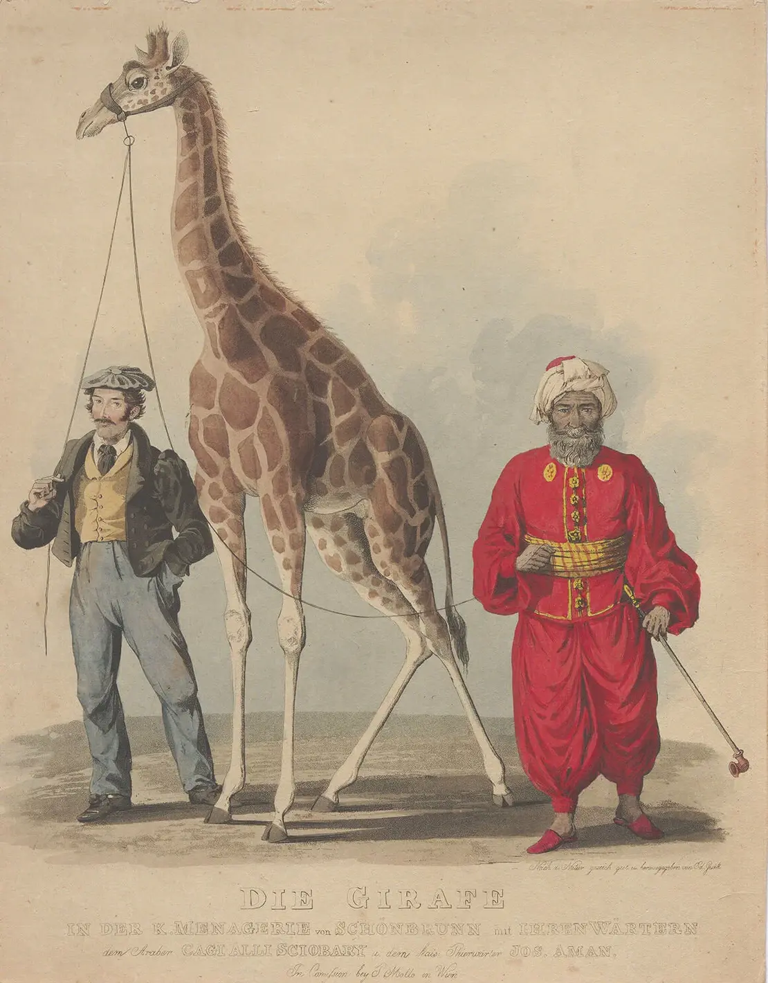 Eduard Gurk: Die erste Giraffe in Schönbrunn mit ihren Wärtern am 7. August 1828, kolorierter Kupferstich, Wien Museum