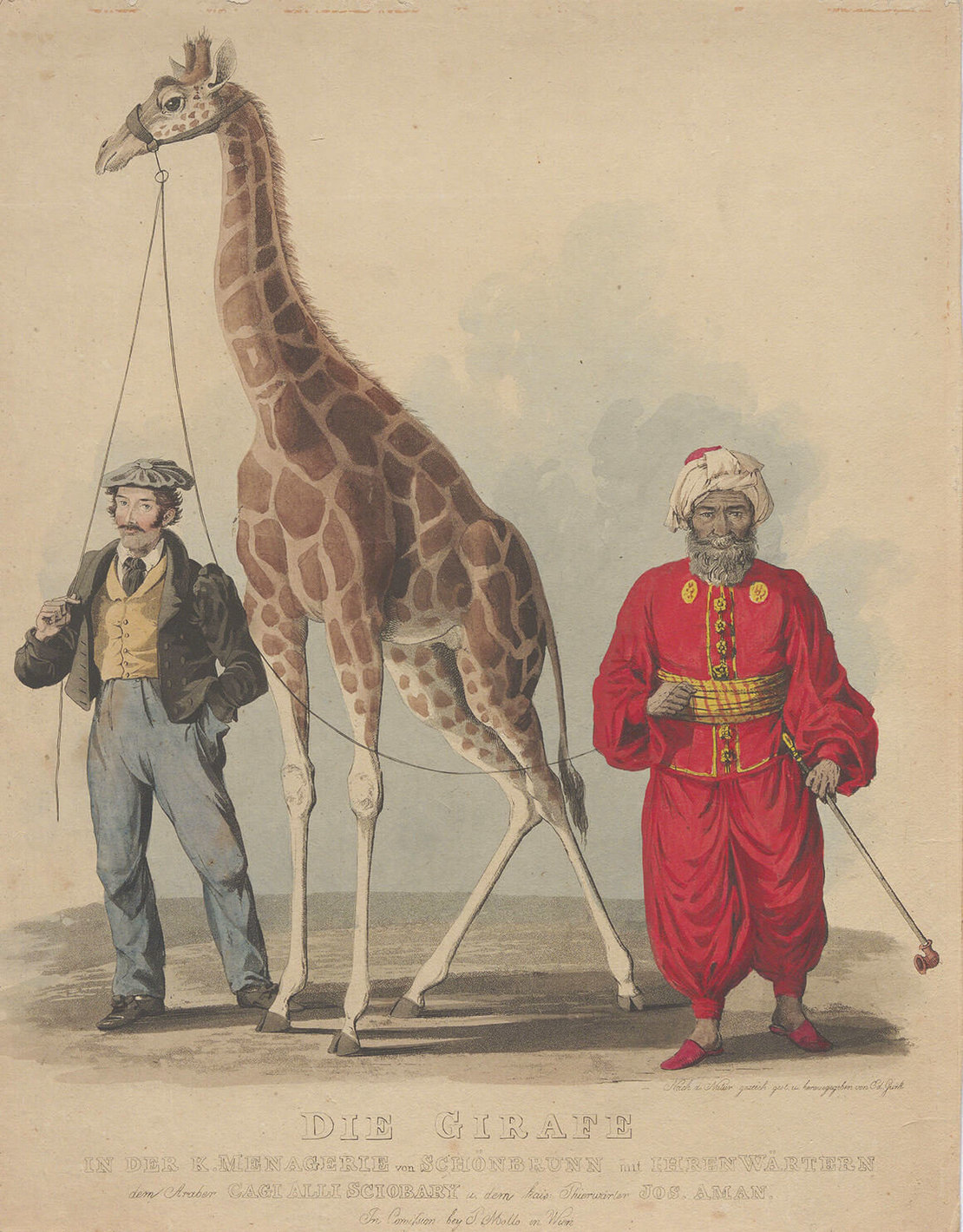 Eduard Gurk: Die erste Giraffe in Schönbrunn mit ihren Wärtern am 7. August 1828, kolorierter Kupferstich, Wien Museum 