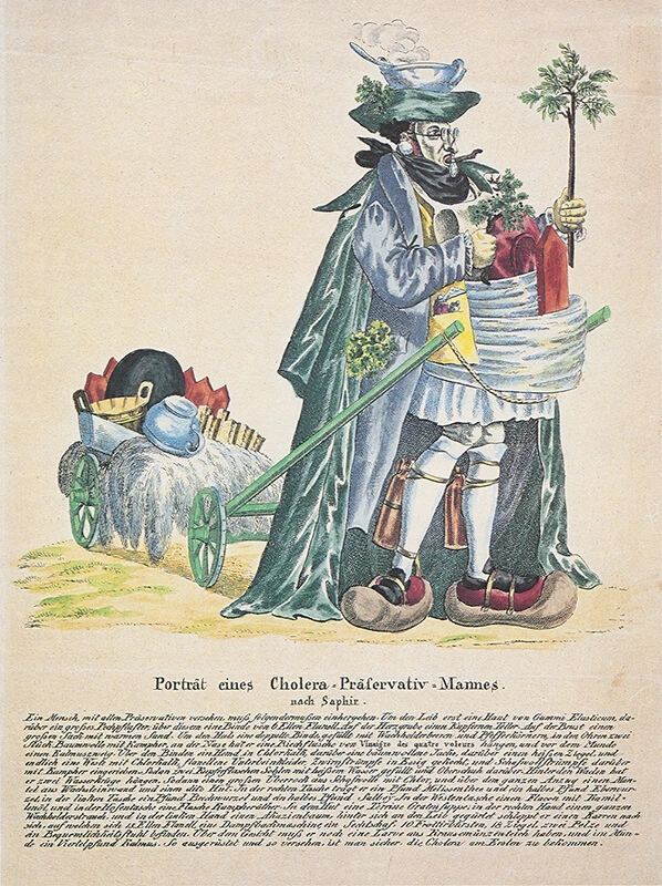 Der Schriftsteller und Satiriker Moritz Gottlieb Saphir mach„Cholera-Präservativ-Mann“: Der Schriftsteller und Satiriker Moritz Gottlieb Saphir machte sich 1831 in seiner Zeitschrift "Der deutsche Horizont" über die Panik seiner Zeitgenossen angesichts der Cholera lustig. Sammlung Wien Museumte sich 1831 in  seiner Zeitschrift "Der deutsche Horizont" über die Panik seiner  Zeitgenossen angesichts der Cholera lustig. Sammlung Wien Museum  