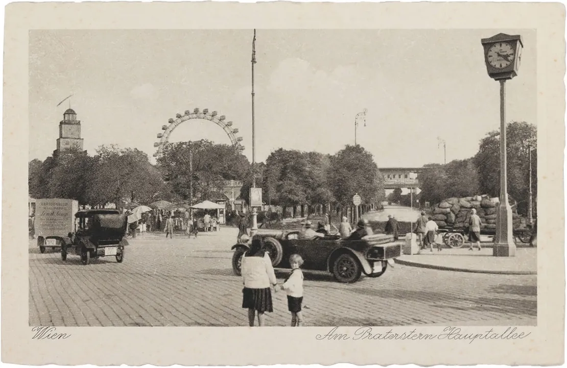 Blick vom Praterstern gegen Riesenrad und Hauptallee, um 1929, Kupfertiefdruck, Verlag: Josef Plan, Wien Museum