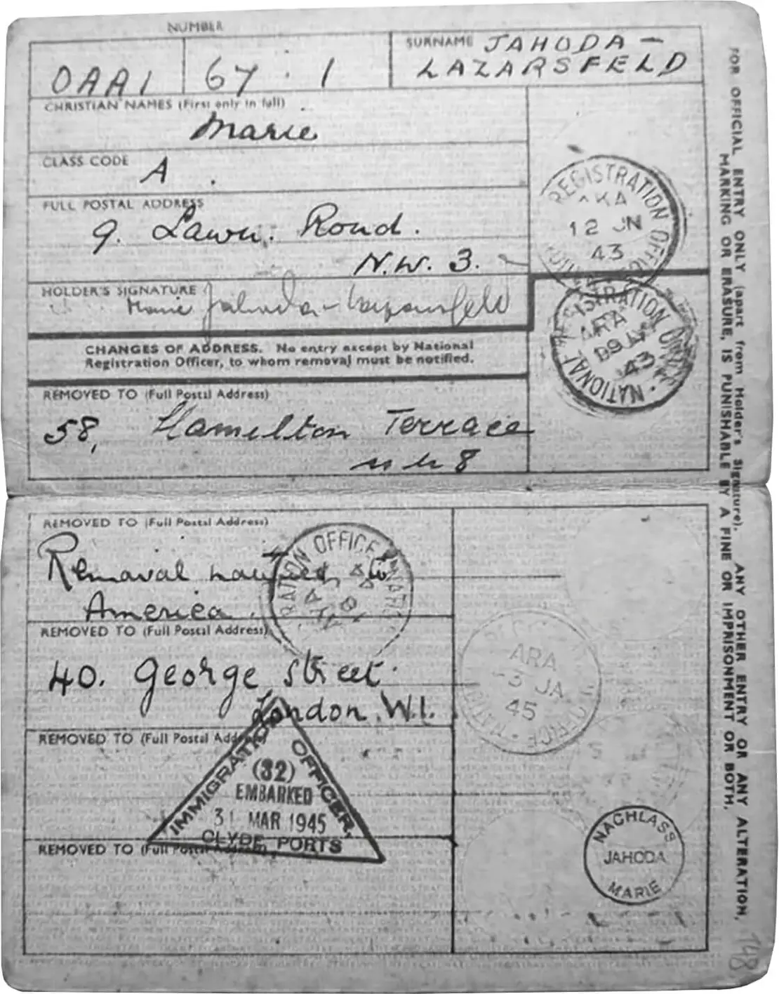 Britische Identitätskarte Marie Jahodas mit dem Eintrag ihrer Ausreise nach Kanada im März 1945, Archiv für die Geschichte der Soziologie in Österreich am Institut für Soziologie der Universität Graz, Nachlass Marie Jahoda  