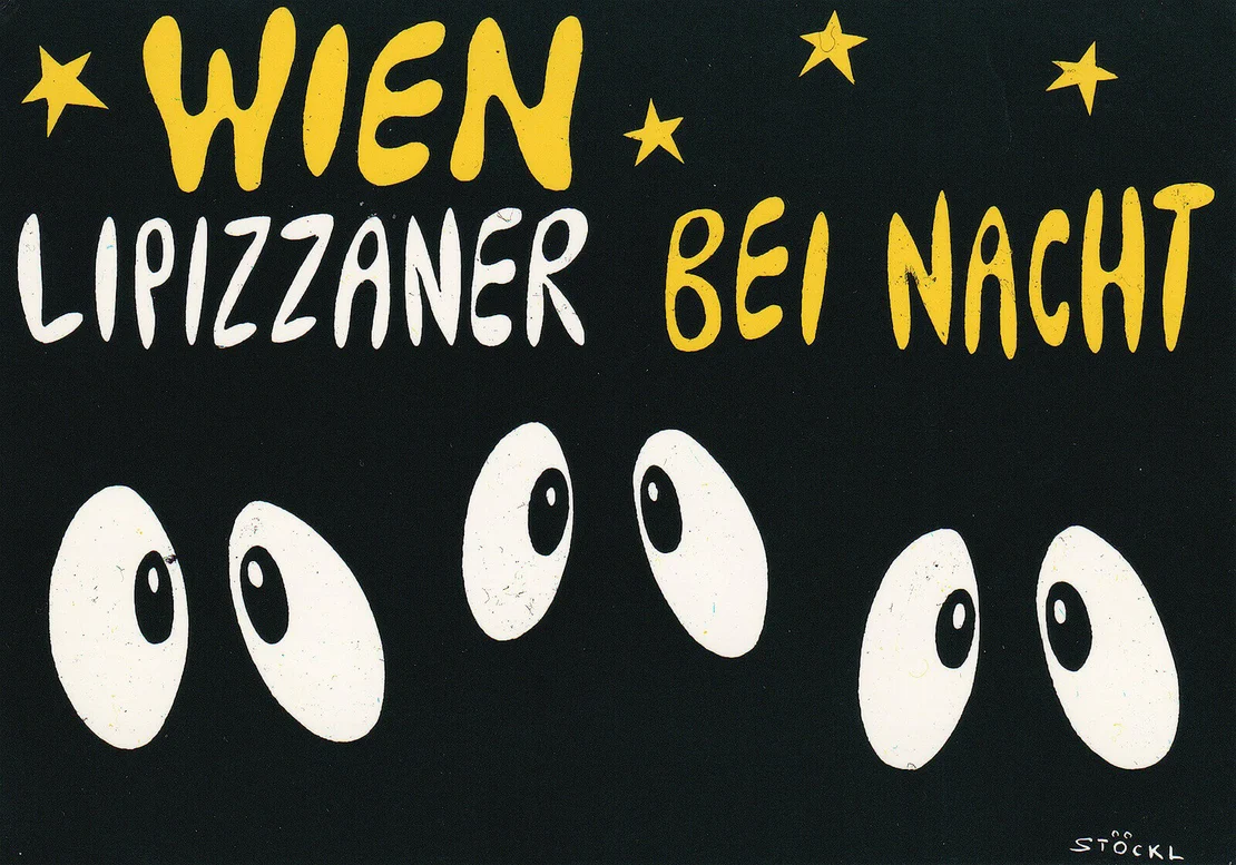 Wien bei Nacht, Lipizzaner, Grafik: Silvia Stöckl, um 2000, Hersteller: Verlag Bauer, Wien, Sammlung Payer