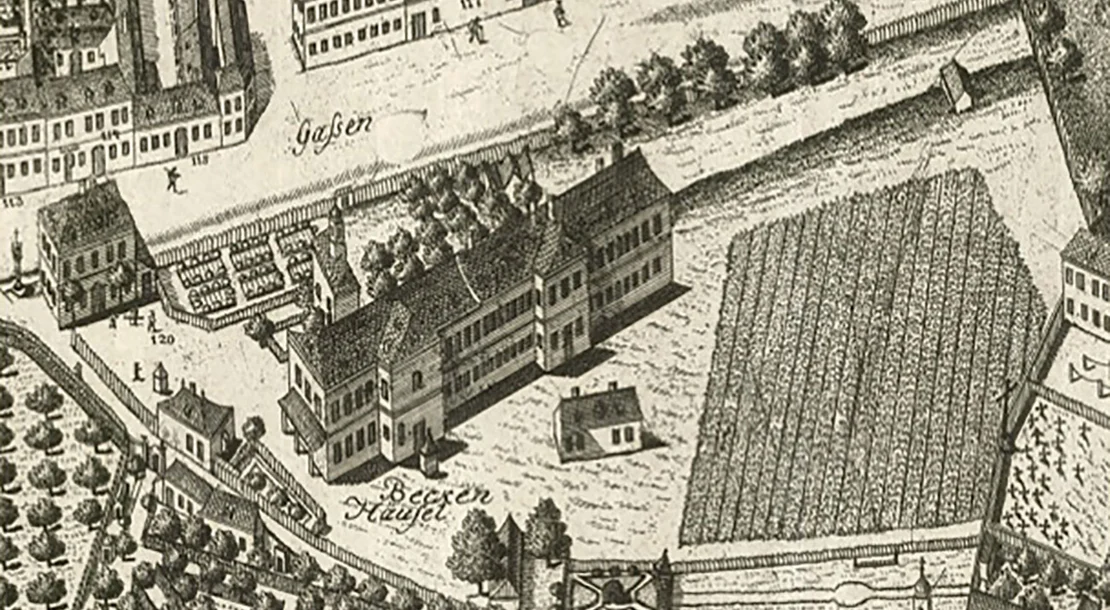 Ab der Wende vom 17. zum 18. Jahrhundert erfolgte in mehreren Schritten die Verlagerung der im Bürgerspital untergebrachten Kranken in die weniger dicht bevölkerten Vorstädte. Dazu wurde zum einen das sogenannte Bäckenhäusel in der Währinger Straße gegenüber dem Pestlazarett genützt, an dessen Stelle sich seit dem Beginn des 20. Jahrhunderts das Neue Chemische Institut der Universität Wien erhebt. Ausschnitt aus dem gesüdeten Vogelschauplan von Joseph Daniel Huber, Wiener Stadt- und Landesarchiv  