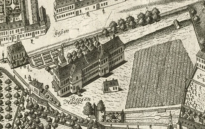 Ab der Wende vom 17. zum 18. Jahrhundert erfolgte in mehreren Schritten die Verlagerung der im Bürgerspital untergebrachten Kranken in die weniger dicht bevölkerten Vorstädte. Dazu wurde zum einen das sogenannte Bäckenhäusel in der Währinger Straße gegenüber dem Pestlazarett genützt, an dessen Stelle sich seit dem Beginn des 20. Jahrhunderts das Neue Chemische Institut der Universität Wien erhebt. Ausschnitt aus dem gesüdeten Vogelschauplan von Joseph Daniel Huber, Wiener Stadt- und Landesarchiv