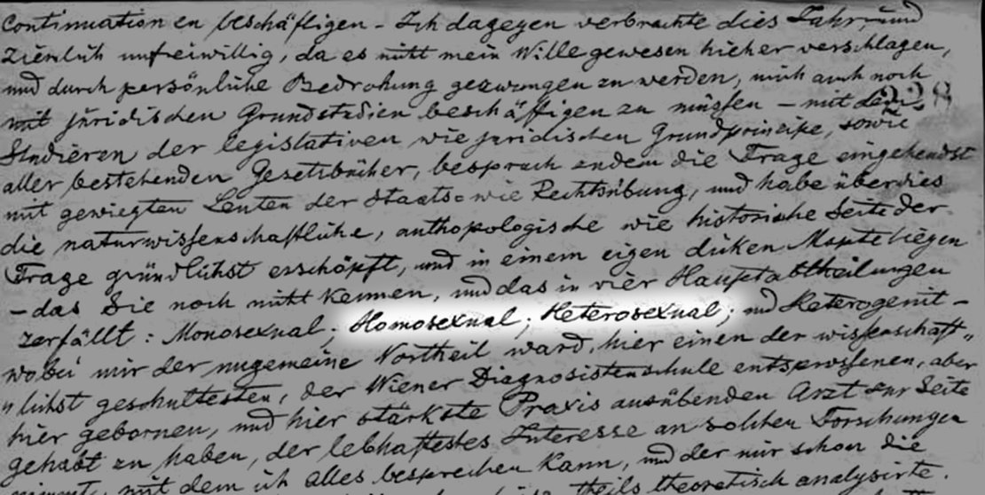 Ausschnitt aus dem Brief, den Karl Maria Kertbeny im Juni 1868 an den Aktivisten Karl Heinrich Ulrichs sandte, in dem er erstmals die Begriffe „homosexual“ und „heterosexual“ verwendete. Ungarische Nationalbibliothek/Wikimedia Commons 