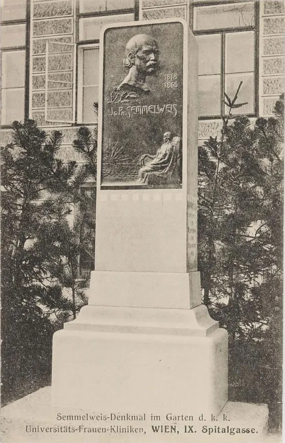 Semmelweisdenkmal im Garten der k.k. Universität-Frauenklinik (9., Spitalgasse 23), Ansichtskarte, um 1910, Wien Museum  