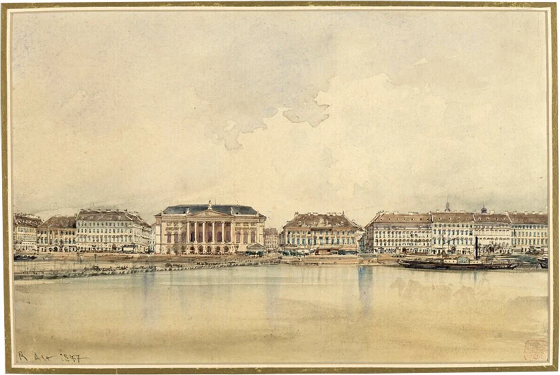 Rudolf von Alt: Budapest: Die Untere Donauzeile in Pest, Aquarell, 1847, Albertina, Wien   