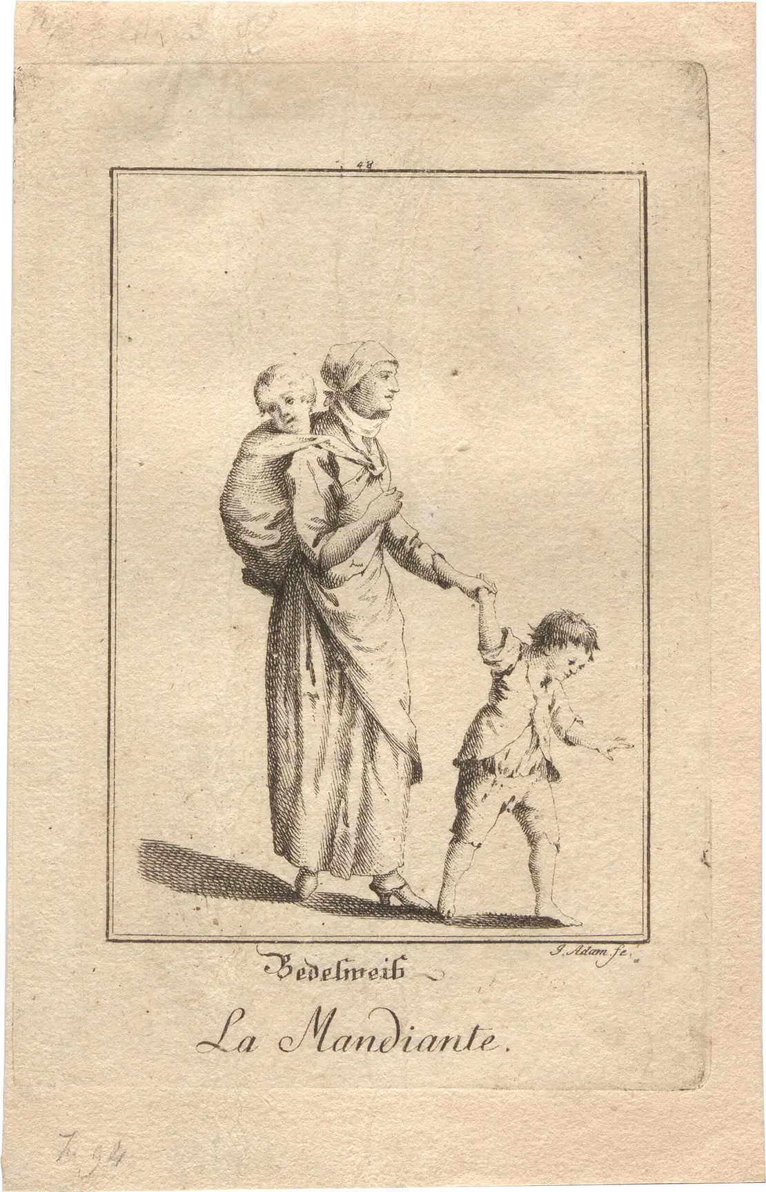 Jakob Adam: „Bedelweib. La Mandiante“, aus: „Abbildungen des gemeinen Volks zu Wien", Blatt 48: 1777, Wien Museum