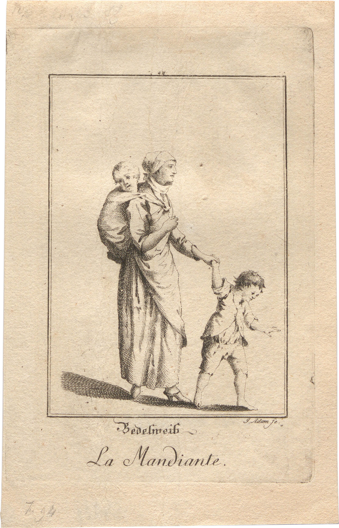 Jakob Adam: „Bedelweib. La Mandiante“, aus: „Abbildungen des gemeinen Volks zu Wien", Blatt 48: 1777, Wien Museum 