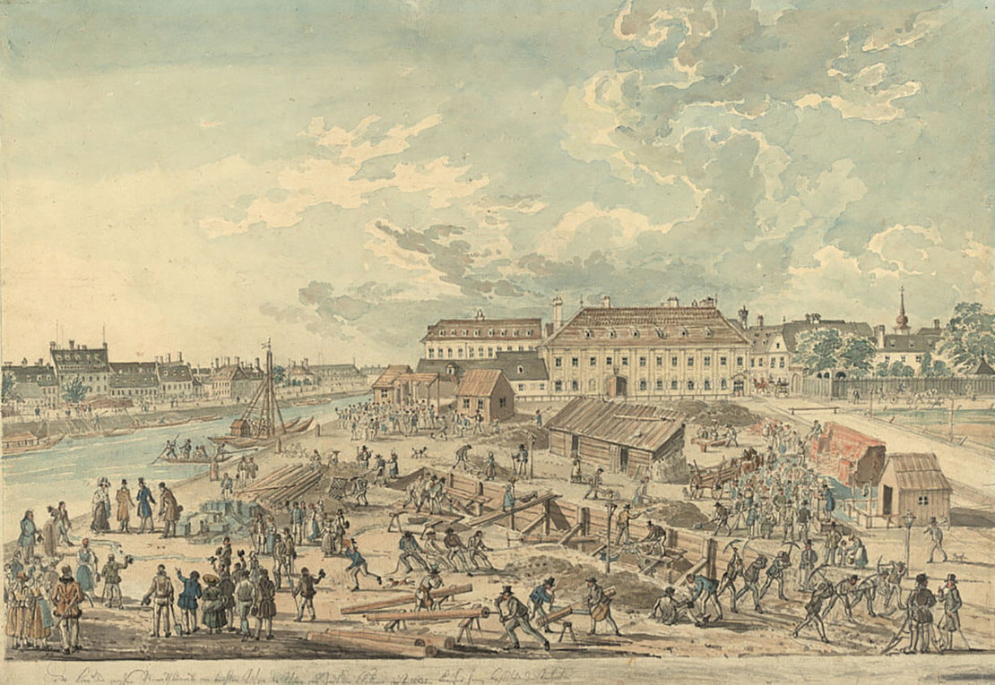 Ansicht vom Bau der „Cholera-Kanäle“ entlang des Wienflusses. Aquarell von Tobias Dyonis Raulino, 1831/32, Sammlung Wien Museum 