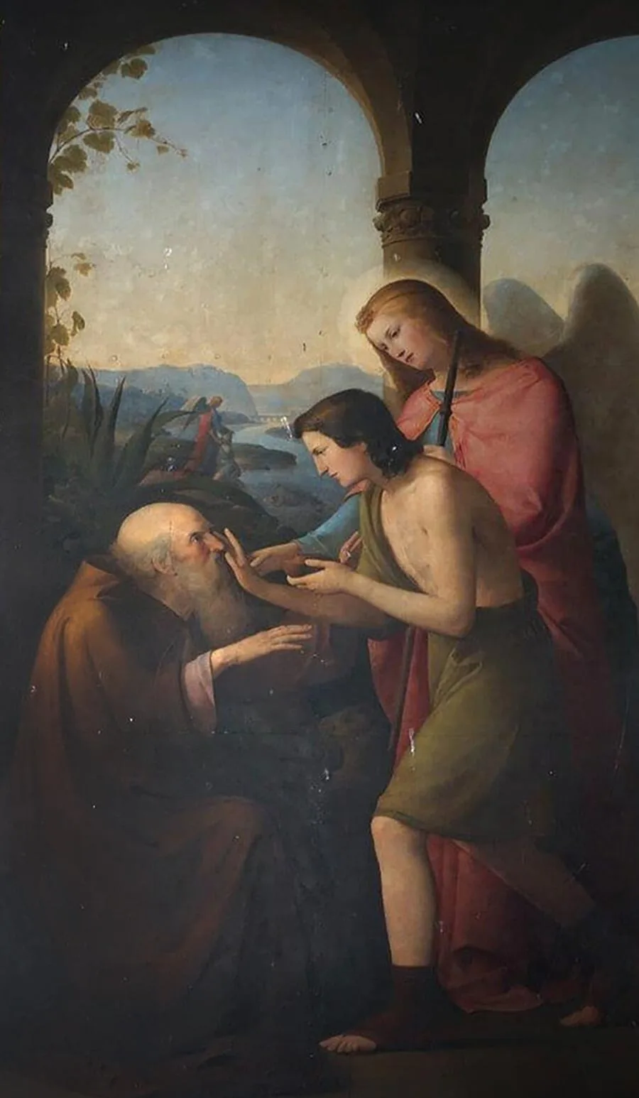 Leopold Kupelwieser: Die Heilung des blinden Tobit durch Tobias, Öl auf Kupferblech, 260 x 132 cm, rechts unten signiert und datiert „Kupelwieser 1826“, Privatbesitz  