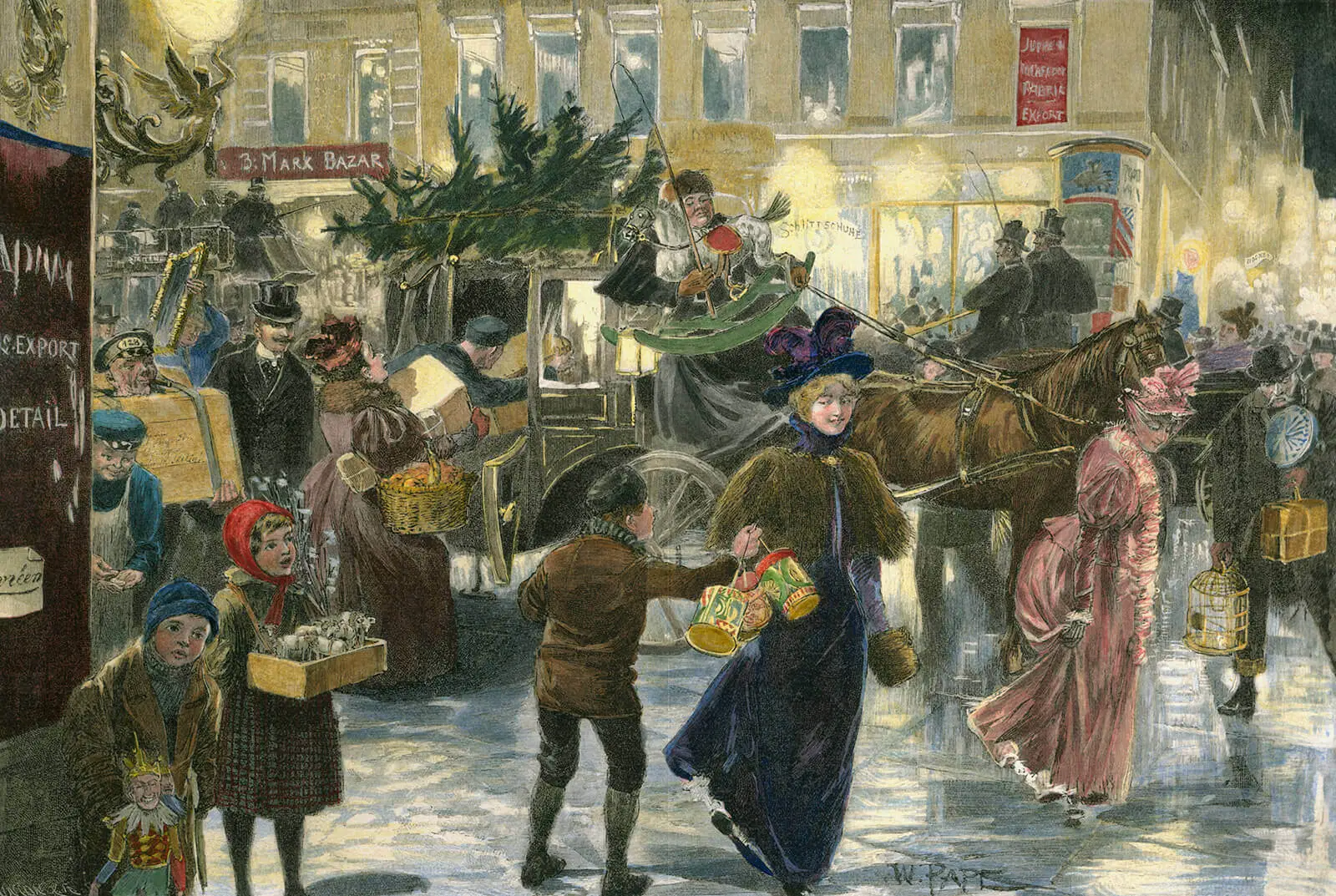 Berlin war Vorbild bei der Etablierung eines Goldenen Sonntags in Wien. Hier eine Szene an der Ecke Leipziger Straße/Friedrichstraße, 1897. Zeichnung von William Pape, © picturedesk.com