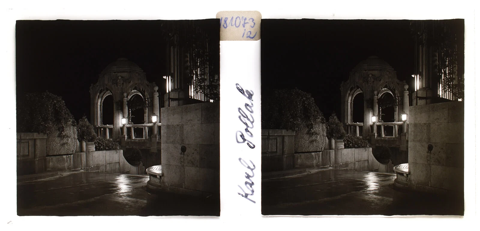 Karl Pollak, Stadtpark: Stiegenabgang zum Wienfluss mit Pavillon bei Nacht, Stereopositiv (Glas), um 1932, von eigener Hand bezeichnet „Karl Pollak“, Pollak-Negativverzeichnis: Nachtaufnahme, Nr. nicht zuordenbar, Wien Museum, Inv.-Nr. 181073/2  