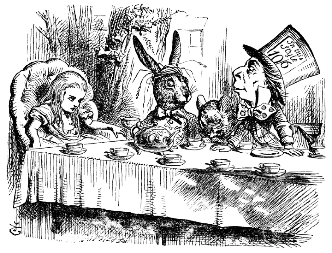 Der verrückte Hutmacher aus „Alice im Wunderland“ , Illustration von John Tenniel, 1865, Wikimedia Commons  