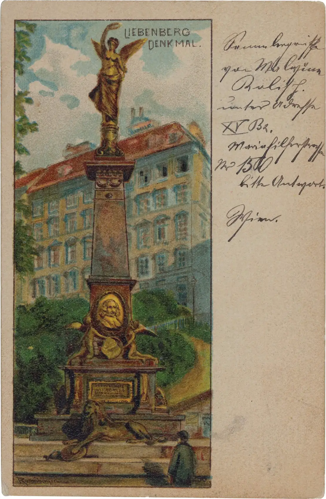 Ansichtskarte vom Universitätsring (damals Franzensring), adressiert 1898 an eine Empfängerin in Budapest mit der Mitteilung: „Sammlergrüsse von Malvine R. unter Adresse XV Bz. Mariahilferstrasse Nr. 150, bitte Antwort, Wien.“